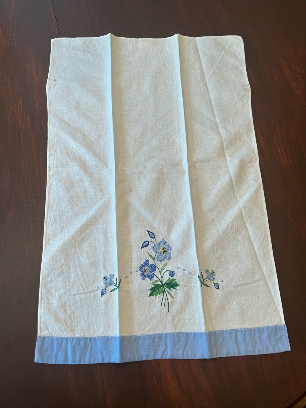 Embroidered Blue Floral Linen Tea Towel with Blue Hem 21 in by 13 in